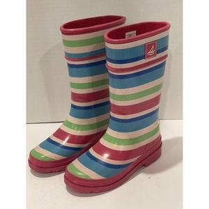 Sperry Topsider Pelican Pink Multy Striped Waterproof Rubber Rain Boots Size 13